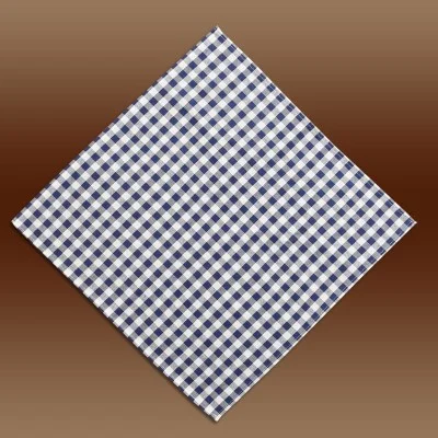 Eine blau-weiß karierte Stoffserviette ist diagonal auf einen braunen Hintergrund mit Farbverlauf gelegt.