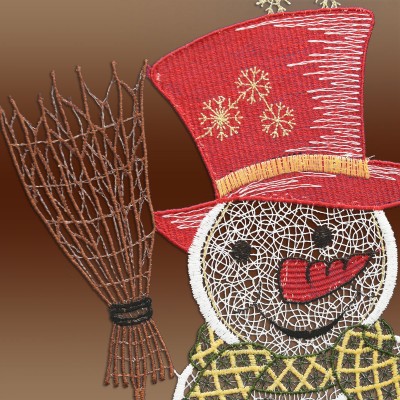 Fensterbild Schneemann mit Katze aus Plauener Spitze Detailbild