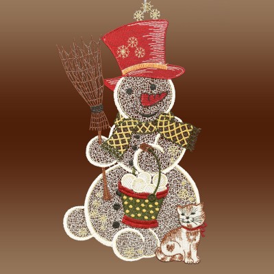 Fensterdeko Schneemann mit Kätzchen aus Plauener Spitze Musterbild