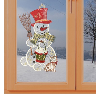 Spitzenbild Schneemann mit Katze aus Plauener Stickerei am Fenster