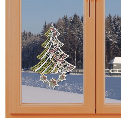 Spitzenbild Tannenbaum aus Plauener Spitze am Fenster