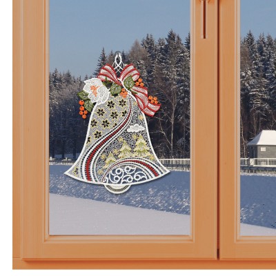 Spitzenbild Weihnachtsglocke aus Plauener Stickerei am Fenster
