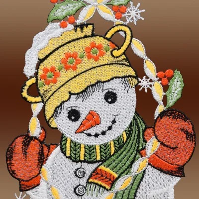 Spitzenbild 2 lustige Schneemänner Girlande aus Plauener Stickerei Detailbild