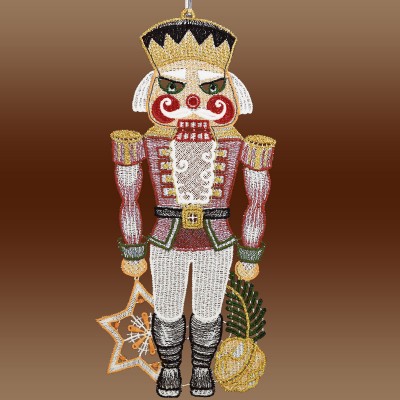 Fensterdeko Nussknacker in rot aus Plauener Spitze Musterbilder