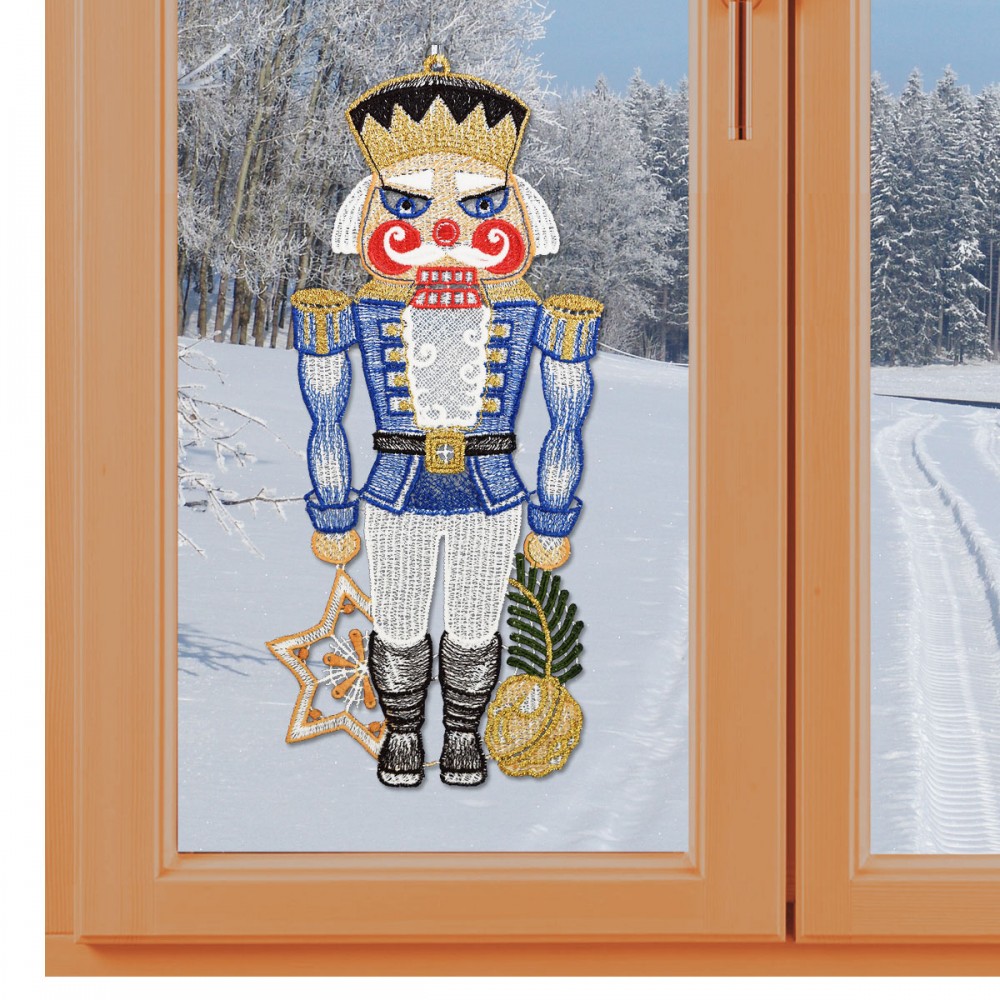 Spitzenbild Nussknacker in blau aus Plauener Stickerei Dekobeispiel