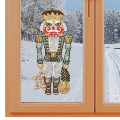 Spitzenbild Nussknacker in grün aus Plauener Stickerei Dekobeispiel