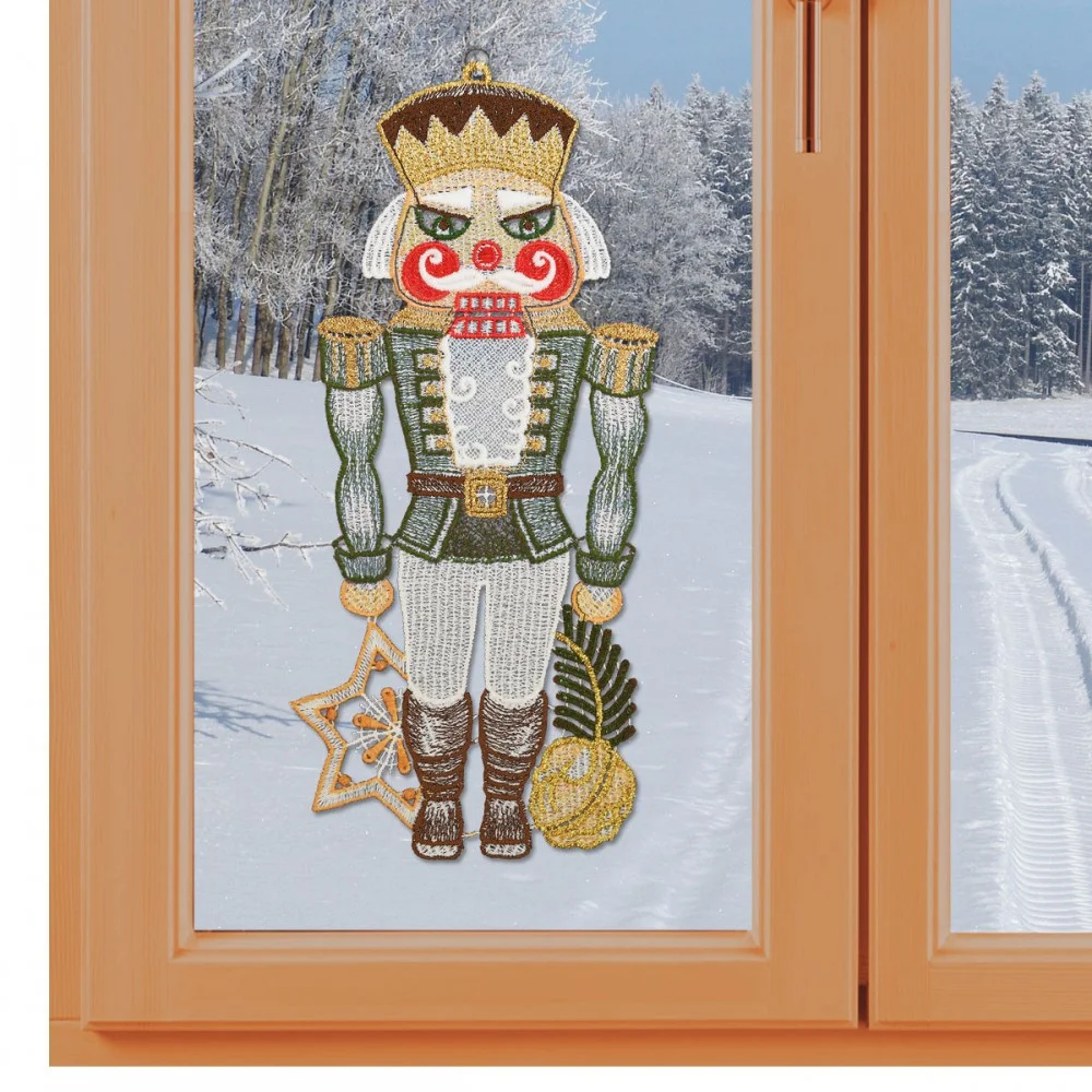 Spitzenbild Nussknacker in grün aus Plauener Stickerei Dekobeispiel