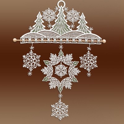 Windspiel Fensterbild Winterwald aus Plauener Spitze Musterbild