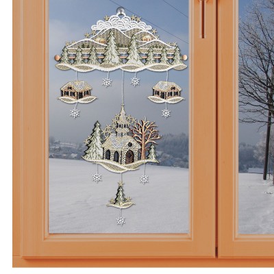 Fensterbild Mobile  "Lichterbogen" aus Plauener Spitze inkl Saughaken
