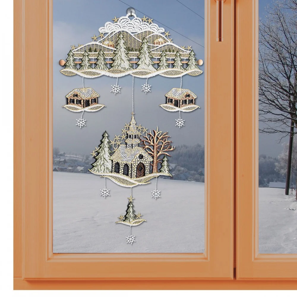 Mobile Windspiel Kirche mit Landschaft am Fenster dekoriert