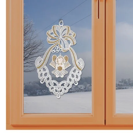 Spitzenbild Weihnachtsglocke mit Engel am Fenster