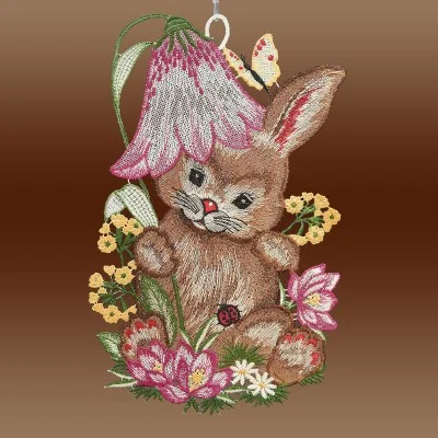 Fensterbild Osterhase mit Glockenblume vor einem Hintergrund