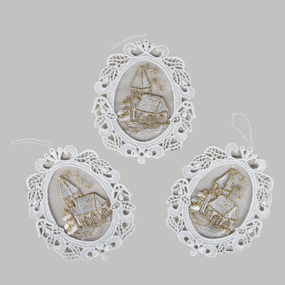 3er-Set Weihnachtsbaum-Behang Winterkirche Anhänger aus Plauener Spitze