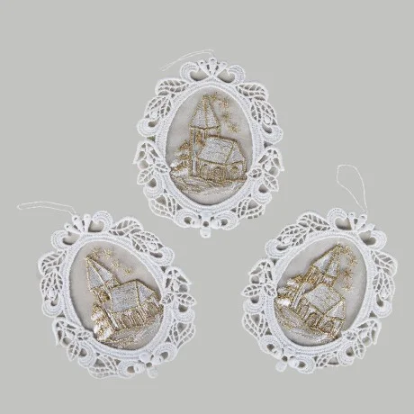 3er-Set Weihnachtsbaum-Behang Winterkirche Anhänger aus Plauener Spitze
