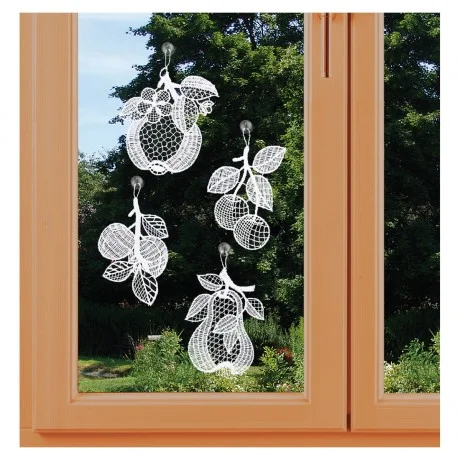 4er Set Spitzenbilder mit Obst-Motiv am Fenster