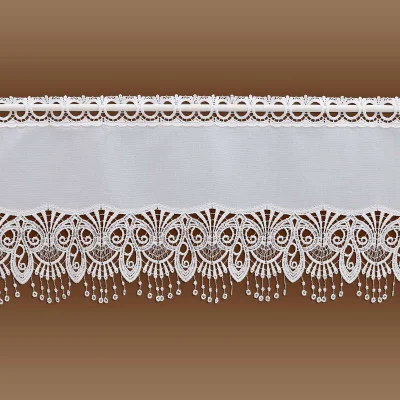 Scheibengardine Nala 30 cm hoch mit Perlenschnur-Fransen aus Plauener Spitze weiß