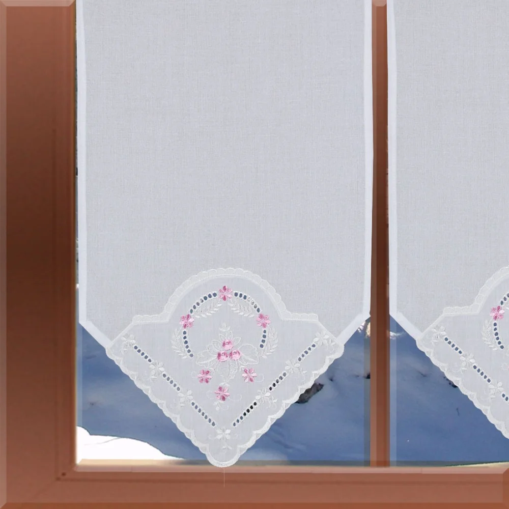 Landhausgardine Blüten in Rosa weiß-rosa 3 Höhen