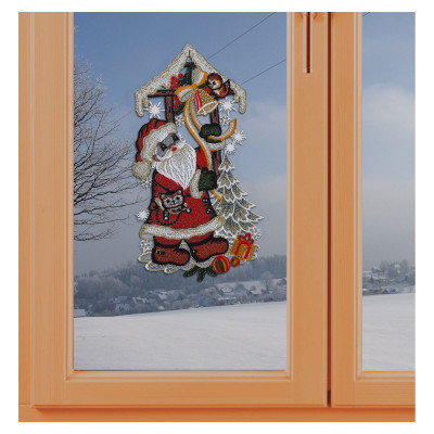 Spitzenbild Weihnachtsmann mit Geschenken am Fenster