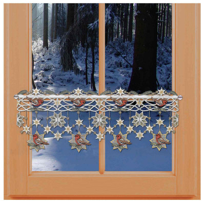 Feenhaus-Spitzengardine Rotkehlchen mit Schneesternen Scheibengardine am Fenster