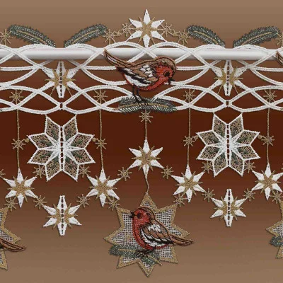 Scheibengardine Rotkehlchen mit Schneesternen Detailansicht