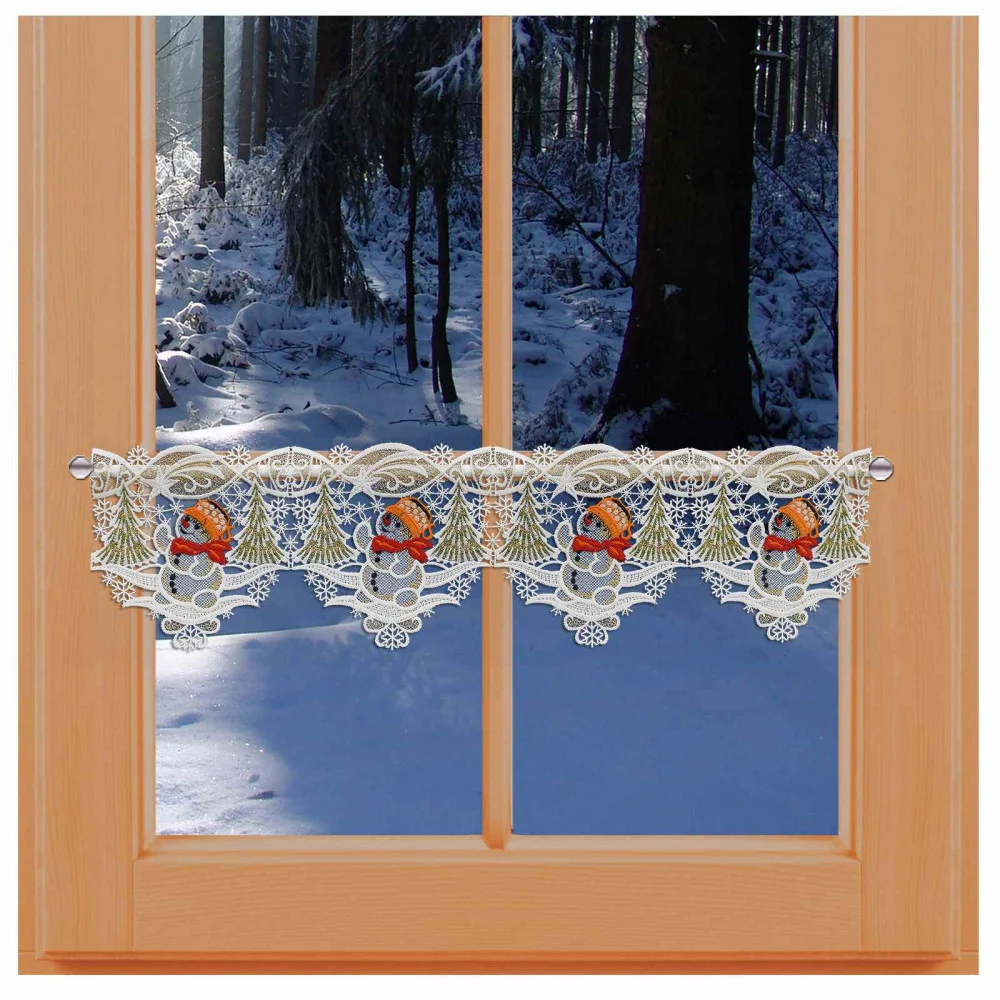 Feenhaus-Spitzengardine Schneemann Scheibengardine am Fenster