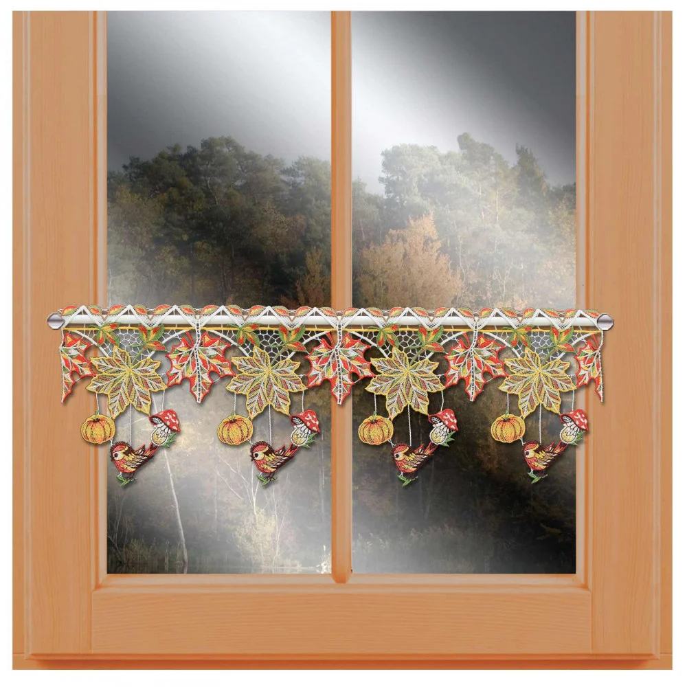 Feenhausgardine Herbstblätter mit Vögelchen am Fenster im Herbst