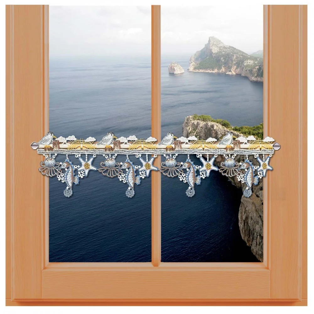 Feenhaus-Spitzengardine Sonnenaufgang am Meer am Fenster dekoriert