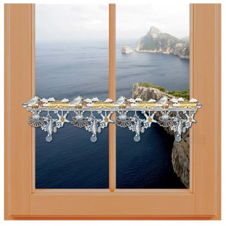Feenhaus-Spitzengardine Sonnenaufgang am Meer am Fenster dekoriert