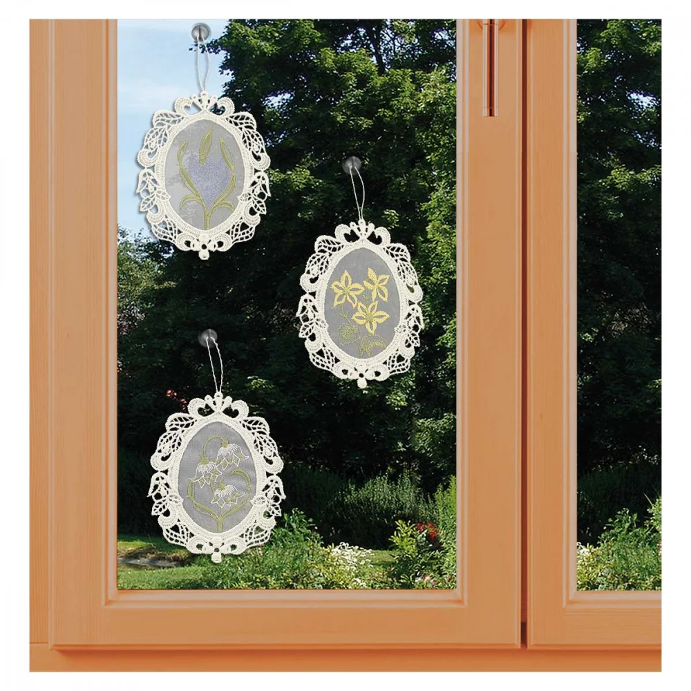 3er Set Spitzenbilder mit Frühlingsblumen am Fenster
