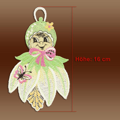 Blumenkinder aus Plauener Spitze Detailbild mit Maß