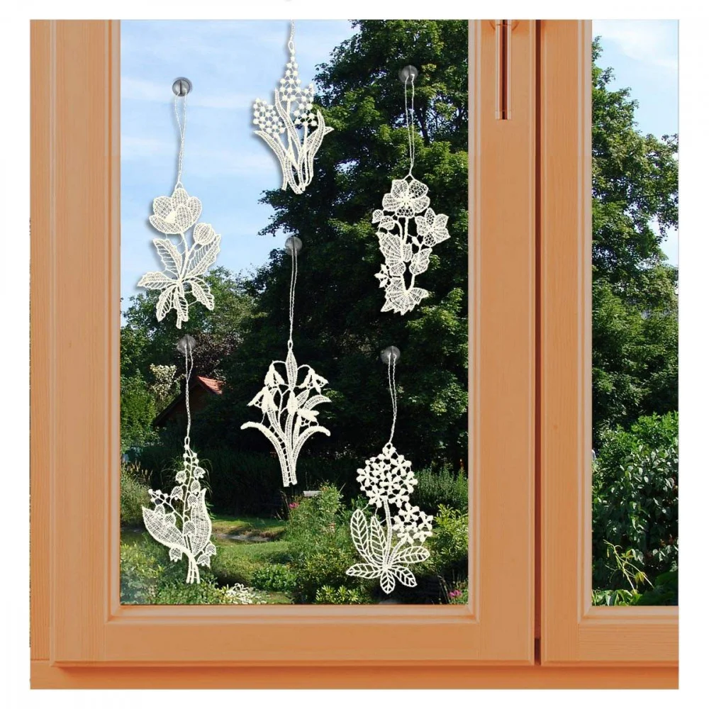 6er Set Spitzenbilder mit Frühlingsblumen am Fenster