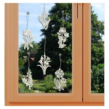 6er Set Spitzenbilder mit Frühlingsblumen am Fenster