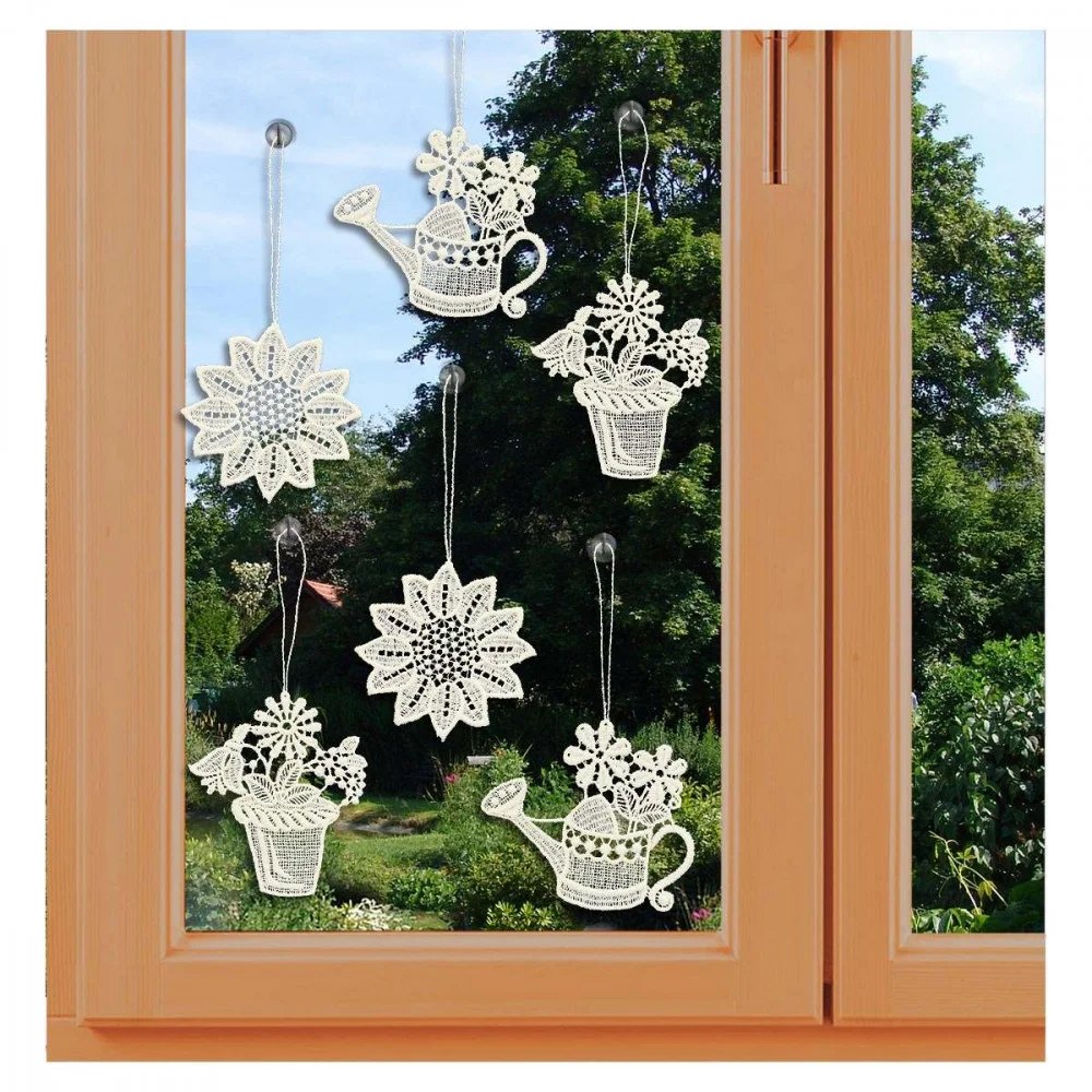 6er Set Spitzenbilder mit Gartenset am Fenster