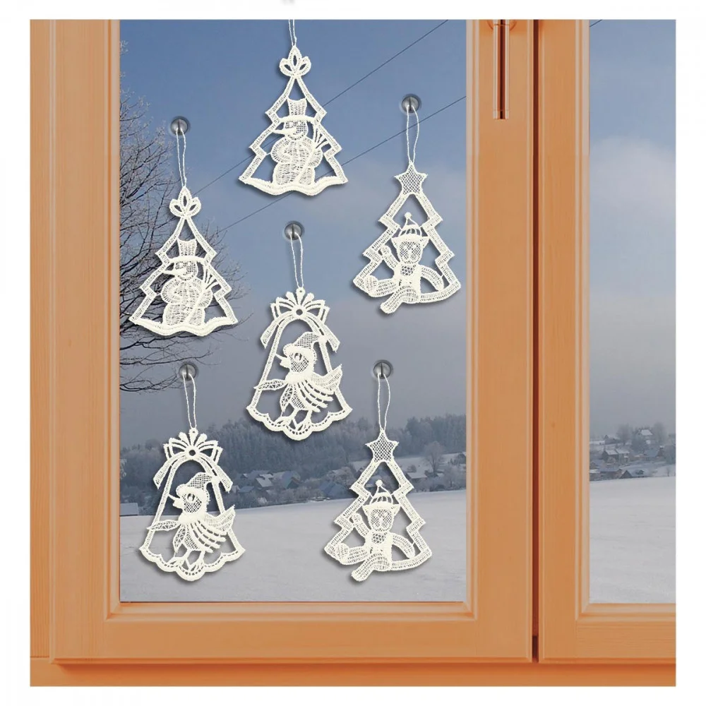 6er Set Spitzenbilder mit Spielzeug am Fenster