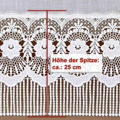 Plauener Spitze Amalia in weiß mit roter Markierung zur Angabe der Höhe