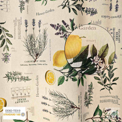 Ein Stoffdesign mit botanischen Illustrationen von Kräutern, Zitronen und Lavendel mit Texten wie „Garten der Kräuter“ und „Blumengarten“. In der Ecke befindet sich ein Öko-Tex Standard 100-Label. Der Hintergrund ist beige.