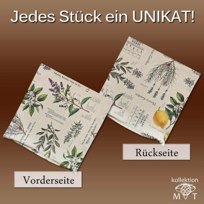 Zwei Kissenhüllen mit botanischen Prints, mit Pflanzen, Blumen und Früchten auf beigem Untergrund. Eine ist mit „Vorderseite“ und die andere mit „Rückseite“ beschriftet. Oben steht „Jedes Stück ein UNIKAT!“ und in der Ecke steht die Marke „Kollektion MT“.