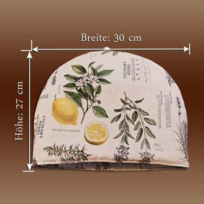 Eine Teewärmer aus Stoff mit Abbildungen von botanischen und kulinarischen Kräutern, darunter Zitronen und Blätter. Texte sind teilweise sichtbar. Die Abmessungen sind mit 30 cm Breite und 27 cm Höhe angegeben. Brauner Hintergrund.