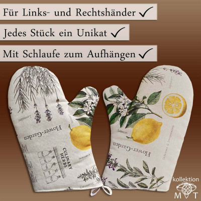 Zwei Topfhandschuhe mit botanischem Aufdruck, darunter Zitronen und Kräuter, auf braunem Hintergrund. Der deutsche Text hebt hervor, dass sie sowohl für Links- als auch für Rechtshänder geeignet sind, jeweils ein Unikat sind und Schlaufen zum Aufhängen haben.