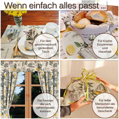 Eine Collage aus vier Bildern, die Wohndekor zeigen: eine Tischdekoration mit Zitronen-Artikeln, ein Küchenkorb mit Brot, botanische Vorhänge an einem Fenster und eine Hand, die ein Paket mit Zitronen-Kissen überreicht. Im Text werden Verwendungsmöglichkeiten für geschmackvoll gestaltete Artikel erwähnt.