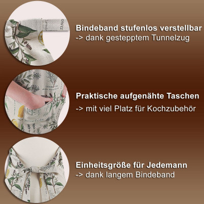 Drei kreisförmige Bilder auf braunem Hintergrund. Oben: Verstellbare Bänder mit Blumenstoff. Mitte: Hand in der Tasche einer Blumenschürze. Unten: Geknotete Bänder der Schürze. Deutscher Text beschreibt verstellbare, praktische Taschen und Einheitsgrößenfunktionen.