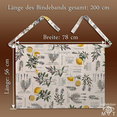 Eine Stoffschürze mit floralem und botanischem Design mit Zitronen, Kräutern und Text. Die Maße betragen 56 cm Länge und 78 cm Breite. Die Riemenlänge beträgt 200 cm. Der Hintergrund ist in einem sanften Braunton gehalten und mit Produktmarkenlogos versehen.