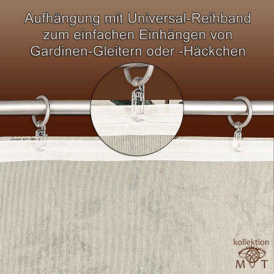 Eine Nahaufnahme eines blickdichten Vorhangs, der mit runden Vorhangringen und Gardinenhaken an einer Metallstange befestigt ist. Die Oberseite des Vorhangs hat ein Universalband zum einfachen Aufhängen. Der Hintergrund ist ein brauner Farbverlauf mit deutschem Text und einem Logo in der Ecke.