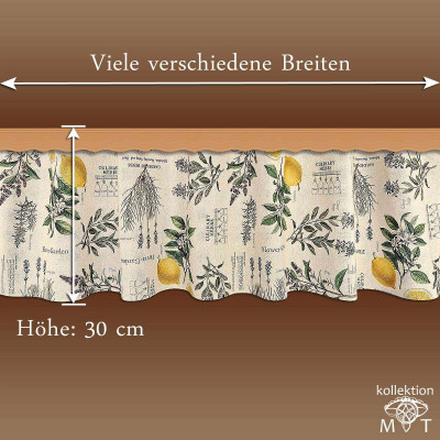 Ein dekorativer Querbehang mit botanischen Illustrationen von Kräutern und Zitronen. Der Text gibt verschiedene Breiten und eine Höhe von 30 cm an. Der Hintergrund ist in einem warmen Braun gehalten und das Logo in der Ecke lautet „Kollektion MT“.