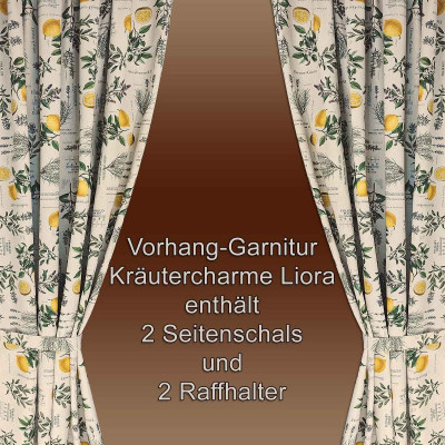 Ein Paar Vorhänge mit botanischem Muster, Zitronen und Kräutern auf braunem Hintergrund. Der deutsche Text lautet: „Vorhang-Garnitur Kräutercharme Liora, enthält 2 Seitenschals und 2 Raffhalter.