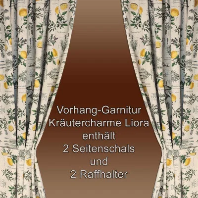 Ein Paar Vorhänge mit botanischem Muster, Zitronen und Kräutern auf braunem Hintergrund. Der deutsche Text lautet: „Vorhang-Garnitur Kräutercharme Liora, enthält 2 Seitenschals und 2 Raffhalter.