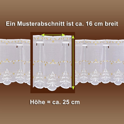 Ein Bild, das einen Abschnitt eines dekorativen Spitzenvorhangs mit Baummuster zeigt. Der Text gibt an, dass der Musterabschnitt ungefähr 16 cm breit und 25 cm hoch ist. Der Hintergrund ist ein Farbverlauf in Braun.