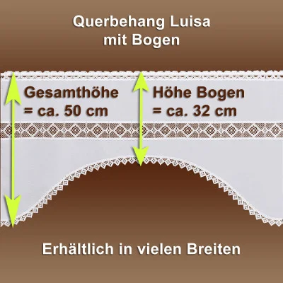 Abbildung des Querbehangs „Luisa mit Bogen“, einem dekorativen Vorhang im charmanten Landhausstil, verziert mit aufwendiger Vogtländischer Spitze. Die Gesamthöhe beträgt ca. 50 cm, die Bogenhöhe 32 cm. Erhältlich in verschiedenen Breiten. Der Hintergrund ist braun.
