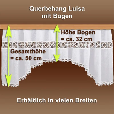 Abbildung des Querbehangs „Luisa mit Bogen“, einem dekorativen Vorhang im charmanten Landhausstil, verziert mit aufwendiger Vogtländischer Spitze. Die Gesamthöhe beträgt ca. 50 cm, die Bogenhöhe 32 cm. Erhältlich in verschiedenen Breiten. Der Hintergrund ist braun.