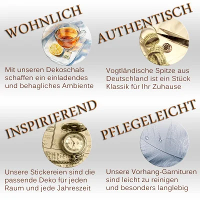 Ein Werbebild mit vier Abschnitten: „Wohnlich“ zeigt Tee im Landhausstil, „Authentisch“ hebt Vogtlländischen Spitzenabschluss hervor, „Inspirierend“ enthält Postkarten und einen Kompass, während „Pflegeleicht“ einen Wassertropfen auf einer Feder zeigt – alles mit deutschen Wohndekorvorteilen.